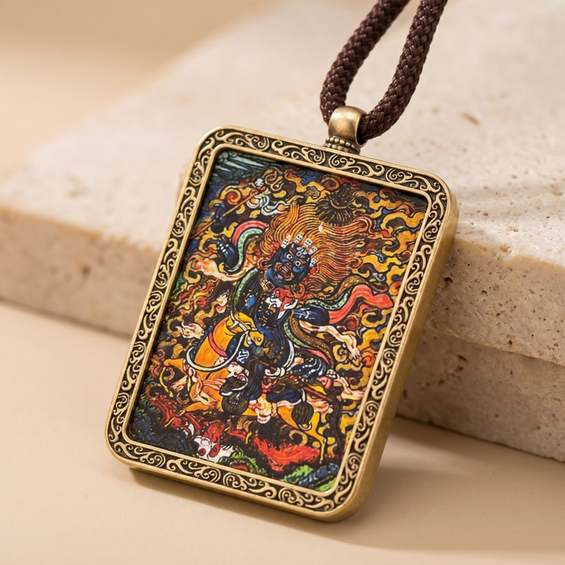 Palden Lhamo (Auspicious Goddess) Hand-Painted Thangka Pendant | Protector of the Dharma Amulet thumbnail