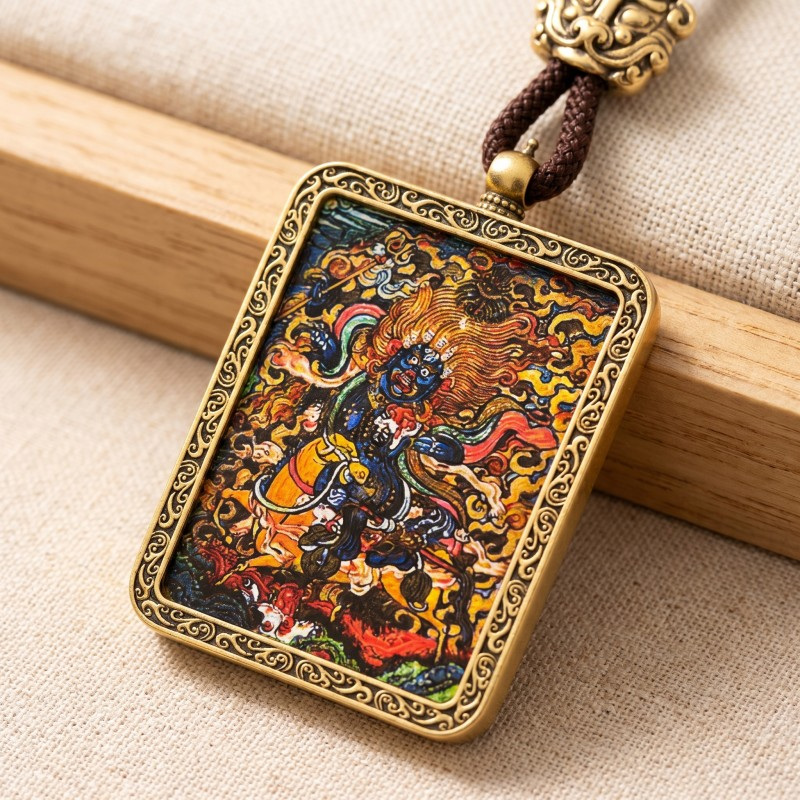 Palden Lhamo (Auspicious Goddess) Hand-Painted Thangka Pendant | Protector of the Dharma Amulet thumbnail