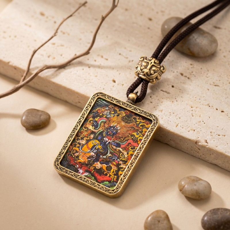 Palden Lhamo (Auspicious Goddess) Hand-Painted Thangka Pendant | Protector of the Dharma Amulet thumbnail