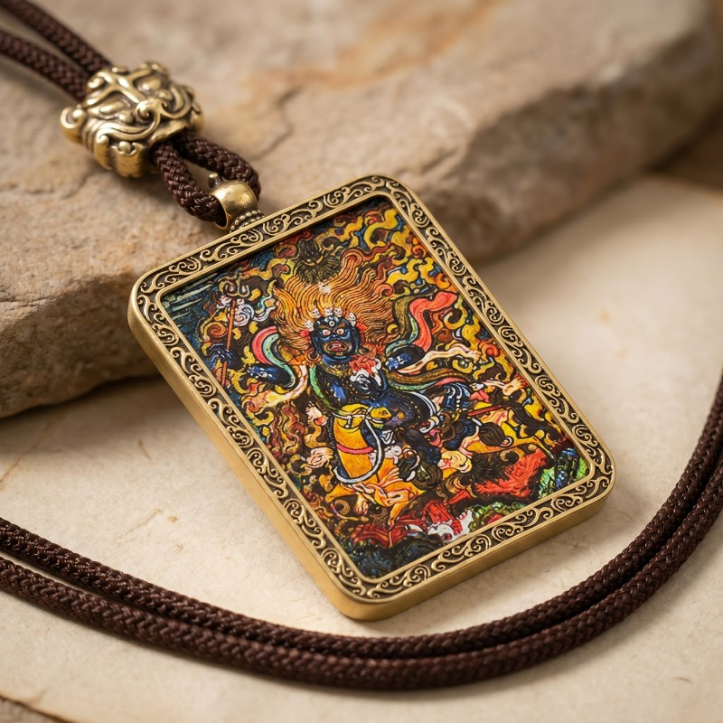 Palden Lhamo (Auspicious Goddess) Hand-Painted Thangka Pendant | Protector of the Dharma Amulet thumbnail