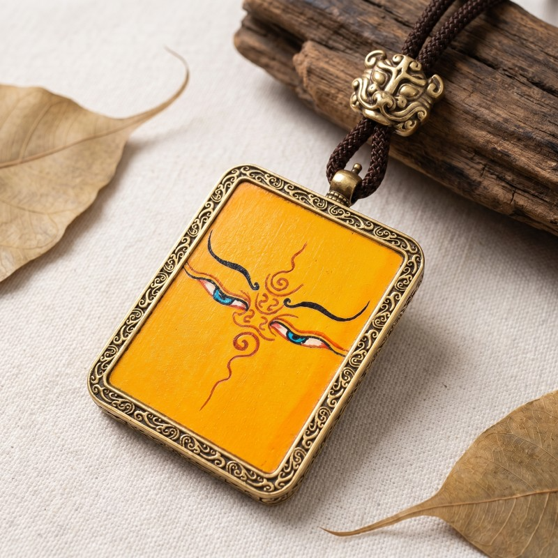 Prajna Wisdom Eyes Hand-Painted Thangka Pendant | Symbol of Clear Sight & Spiritual Protection Amulet thumbnail