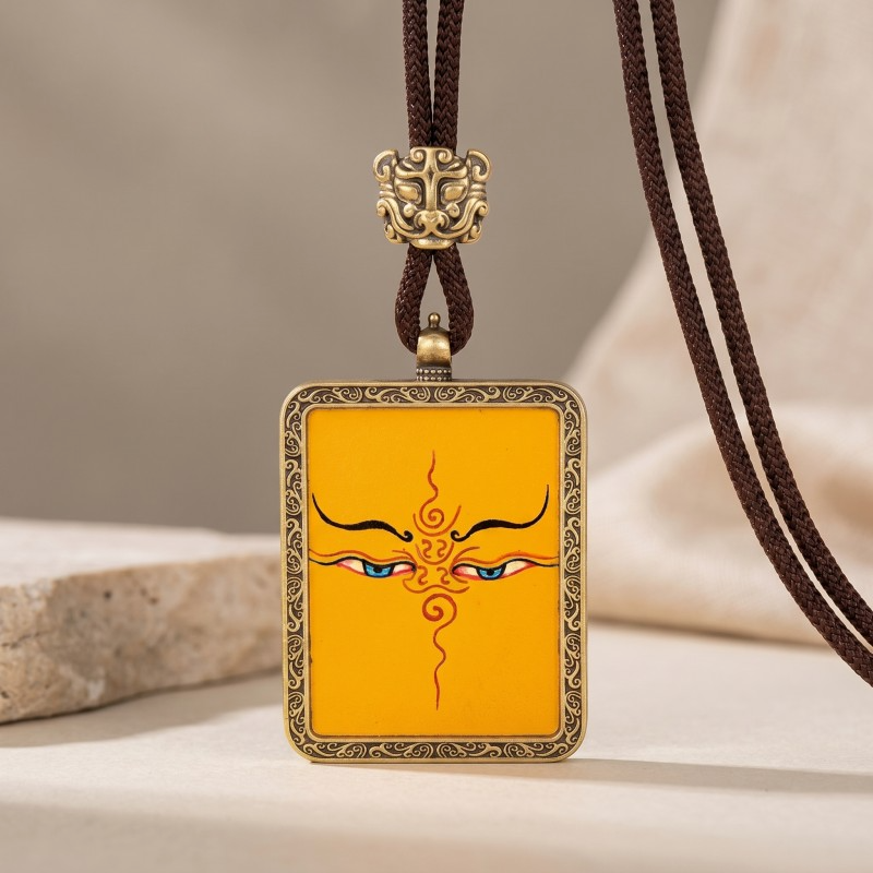 Prajna Wisdom Eyes Hand-Painted Thangka Pendant | Symbol of Clear Sight & Spiritual Protection Amulet thumbnail