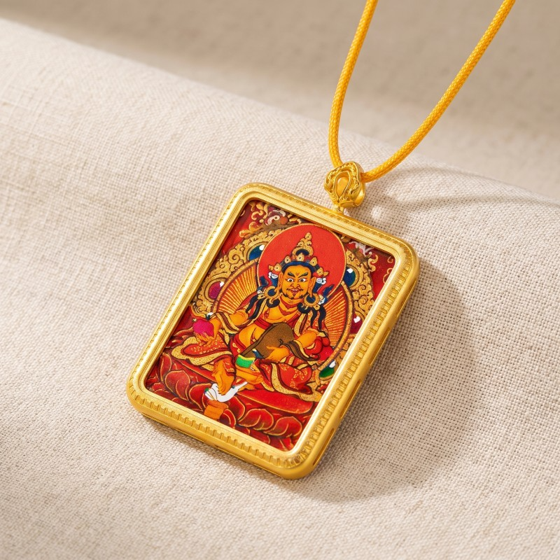 Red Background Yellow Jambhala Hand-Painted Thangka Pendant | God of Wealth & Prosperity Amulet thumbnail