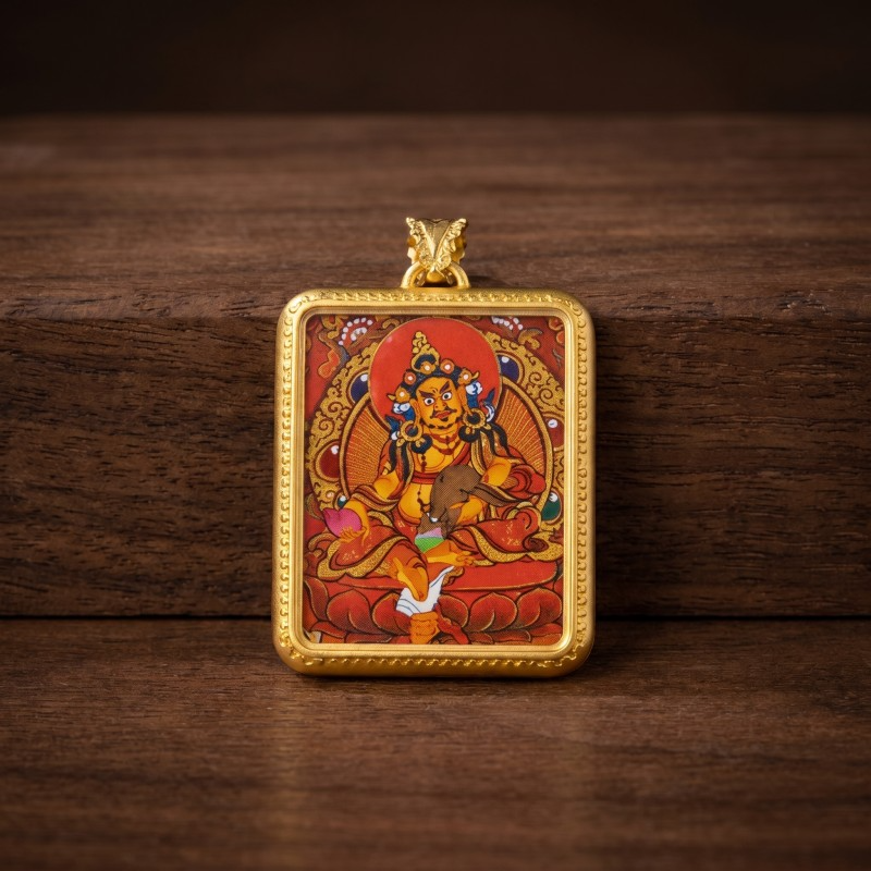 Red Background Yellow Jambhala Hand-Painted Thangka Pendant | God of Wealth & Prosperity Amulet thumbnail