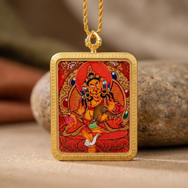 Red Background Yellow Jambhala Hand-Painted Thangka Pendant | God of Wealth & Prosperity Amulet thumbnail
