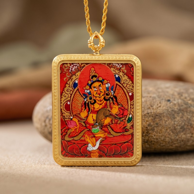 Red Background Yellow Jambhala Hand-Painted Thangka Pendant | God of Wealth & Prosperity Amulet thumbnail