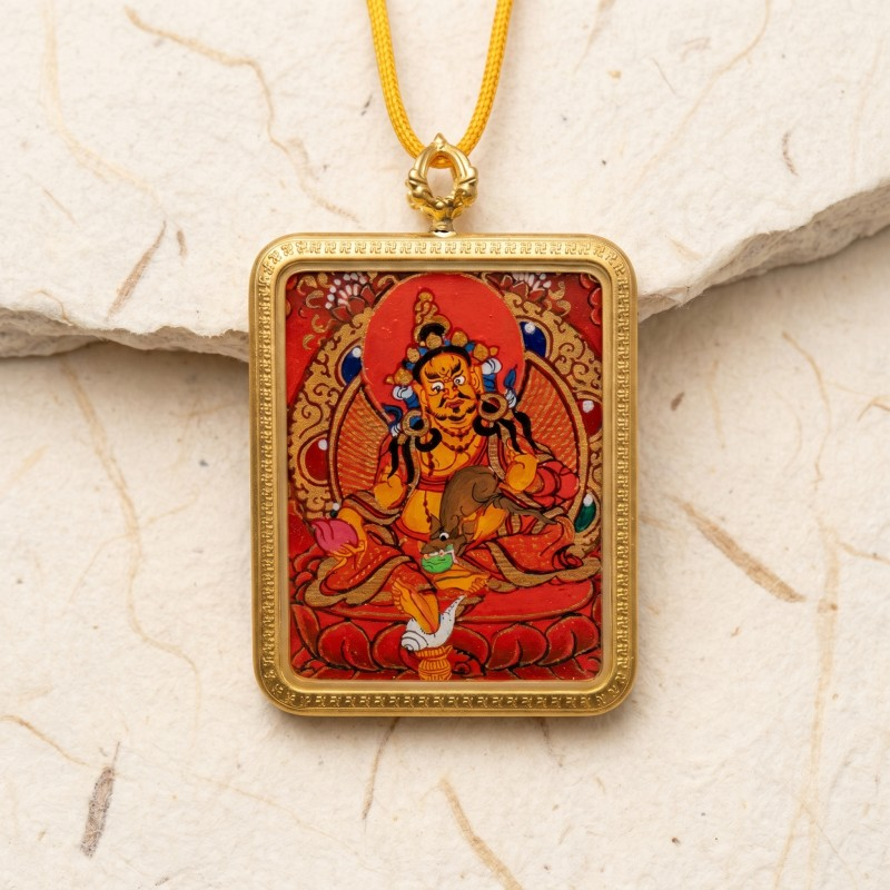 Red Background Yellow Jambhala Hand-Painted Thangka Pendant | God of Wealth & Prosperity Amulet thumbnail