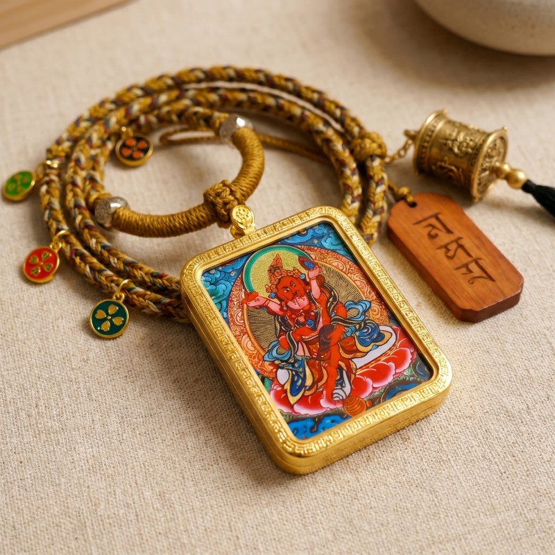 Red Jambhala Hand-Painted Thangka Pendant | God of Social Wealth & Good Relationships Amulet thumbnail