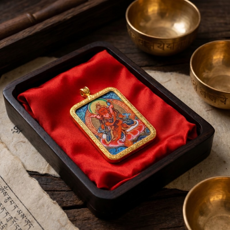 Red Jambhala Hand-Painted Thangka Pendant | God of Social Wealth & Good Relationships Amulet thumbnail