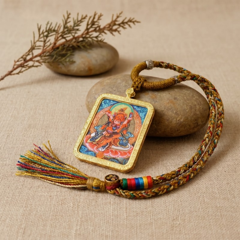 Red Jambhala Hand-Painted Thangka Pendant | God of Social Wealth & Good Relationships Amulet thumbnail