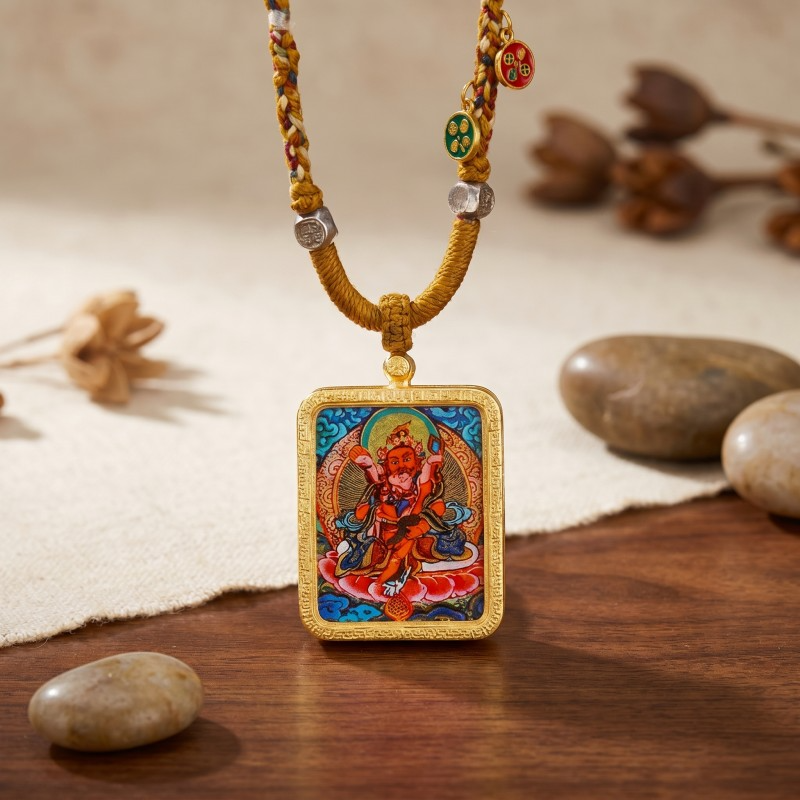 Red Jambhala Hand-Painted Thangka Pendant | God of Social Wealth & Good Relationships Amulet thumbnail