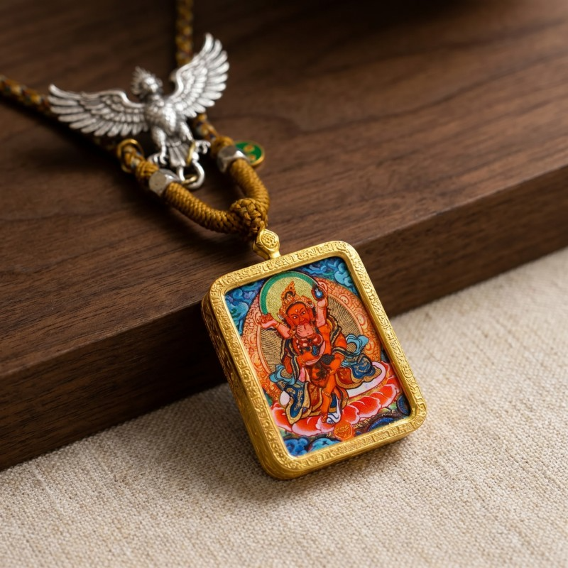 Red Jambhala Hand-Painted Thangka Pendant | God of Social Wealth & Good Relationships Amulet thumbnail