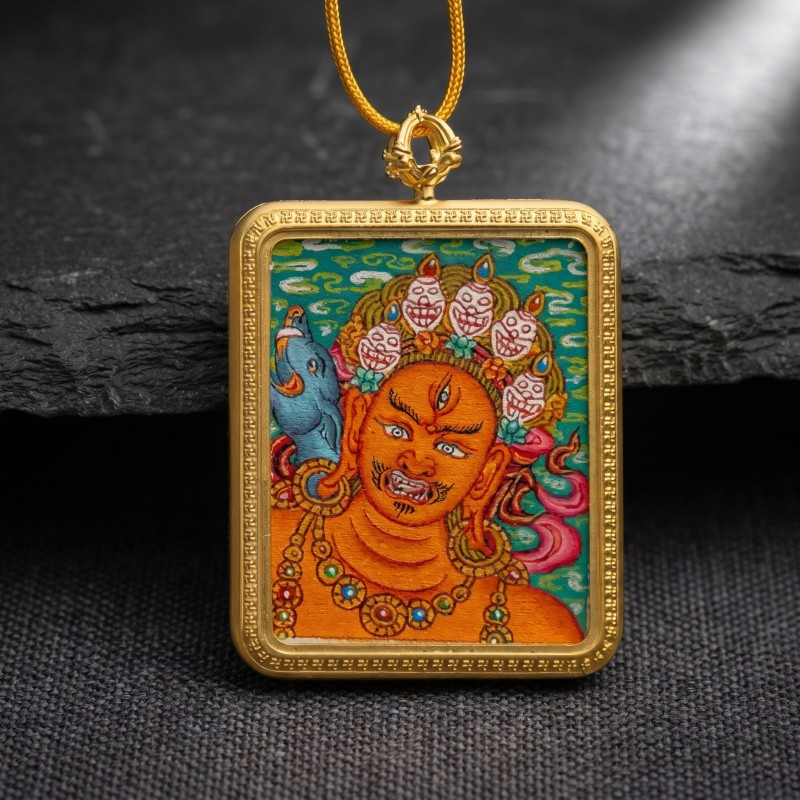 Red Jambhala Hand-Painted Thangka Pendant | God of Social Wealth & Relationship Luck Amulet thumbnail