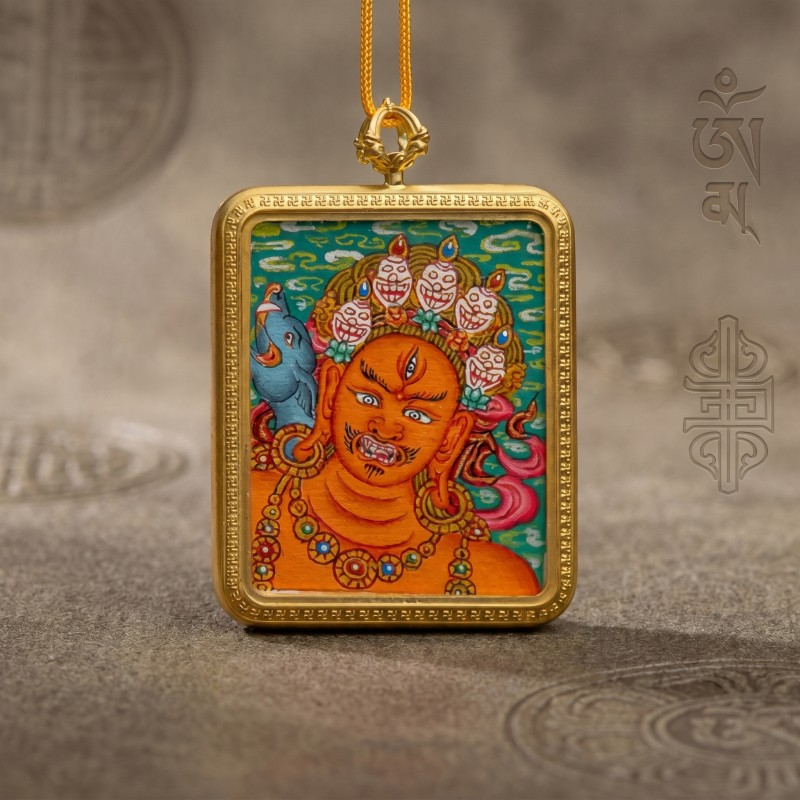 Red Jambhala Hand-Painted Thangka Pendant | God of Social Wealth & Relationship Luck Amulet thumbnail