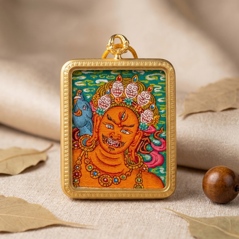 Red Jambhala Hand-Painted Thangka Pendant | God of Social Wealth & Relationship Luck Amulet thumbnail