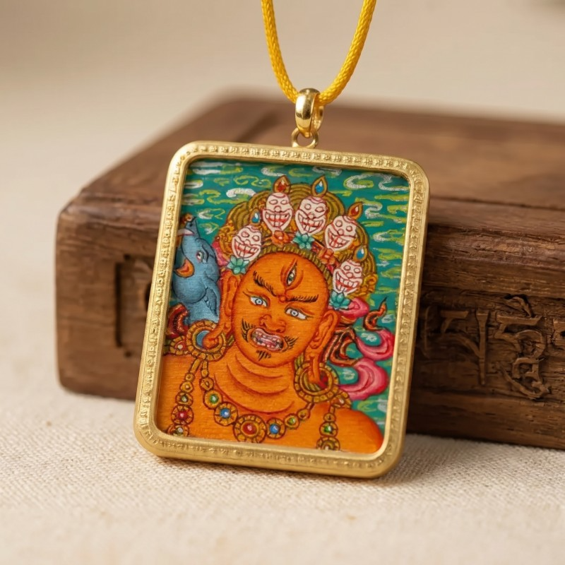 Red Jambhala Hand-Painted Thangka Pendant | God of Social Wealth & Relationship Luck Amulet thumbnail