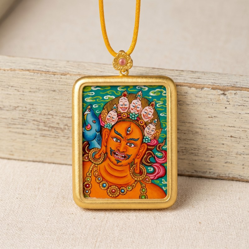 Red Jambhala Hand-Painted Thangka Pendant | God of Social Wealth & Relationship Luck Amulet thumbnail