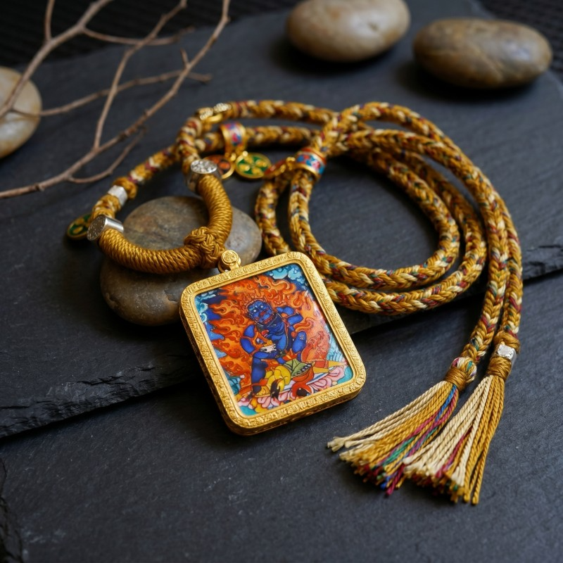Red Jambhala Hand-Painted Thangka Pendant | God of Wealth, Relationships & Good Fortune Amulet thumbnail