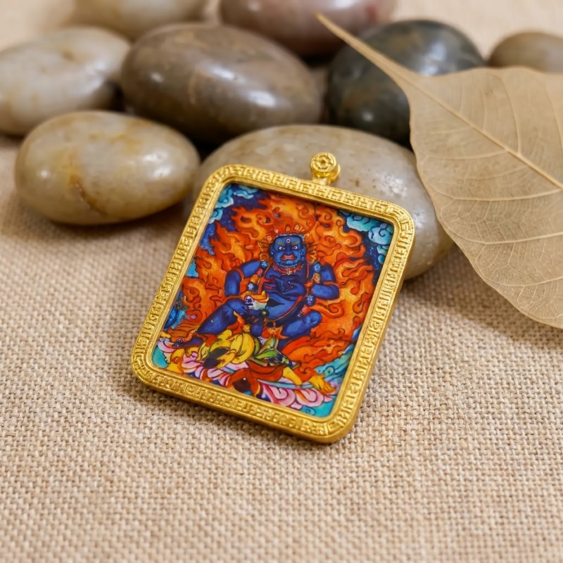 Red Jambhala Hand-Painted Thangka Pendant | God of Wealth, Relationships & Good Fortune Amulet thumbnail