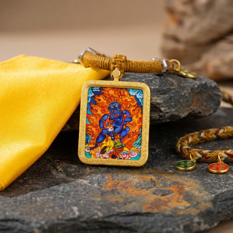 Red Jambhala Hand-Painted Thangka Pendant | God of Wealth, Relationships & Good Fortune Amulet thumbnail
