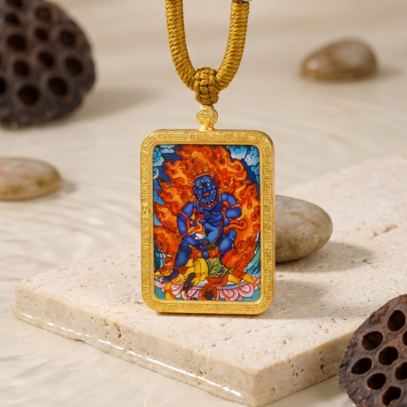 Red Jambhala Hand-Painted Thangka Pendant | God of Wealth, Relationships & Good Fortune Amulet thumbnail