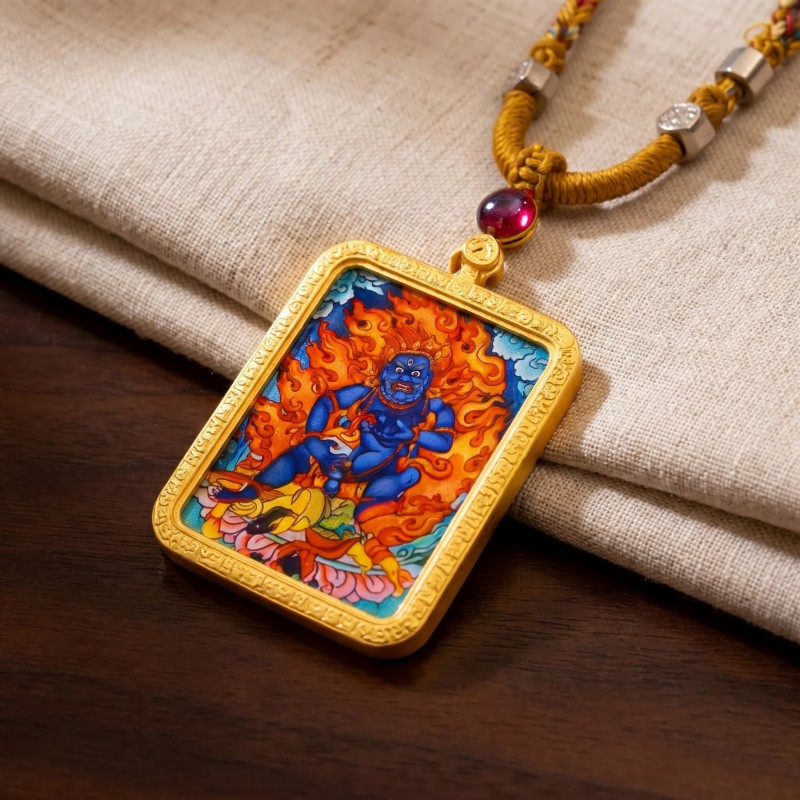 Red Jambhala Hand-Painted Thangka Pendant | God of Wealth, Relationships & Good Fortune Amulet thumbnail