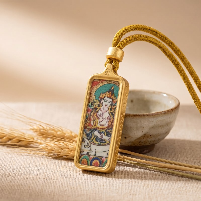 Samantabhadra Bodhisattva Hand-Painted Thangka Pendant | Guardian of Kindness & Success Amulet thumbnail