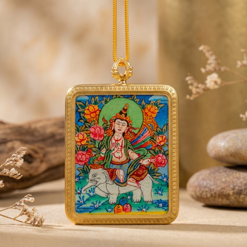 Samantabhadra Bodhisattva Hand-Painted Thangka Pendant | Guardian of Kindness & Success Amulet thumbnail