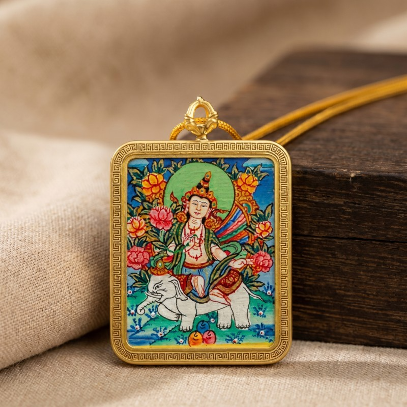 Samantabhadra Bodhisattva Hand-Painted Thangka Pendant | Guardian of Kindness & Success Amulet thumbnail