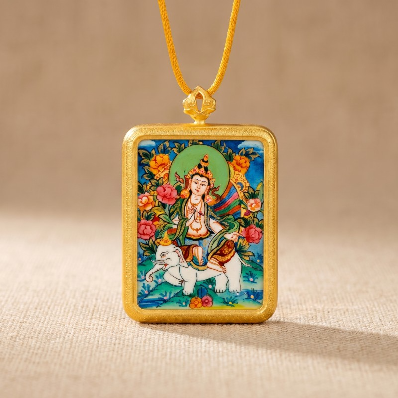 Samantabhadra Bodhisattva Hand-Painted Thangka Pendant | Guardian of Kindness & Success Amulet thumbnail