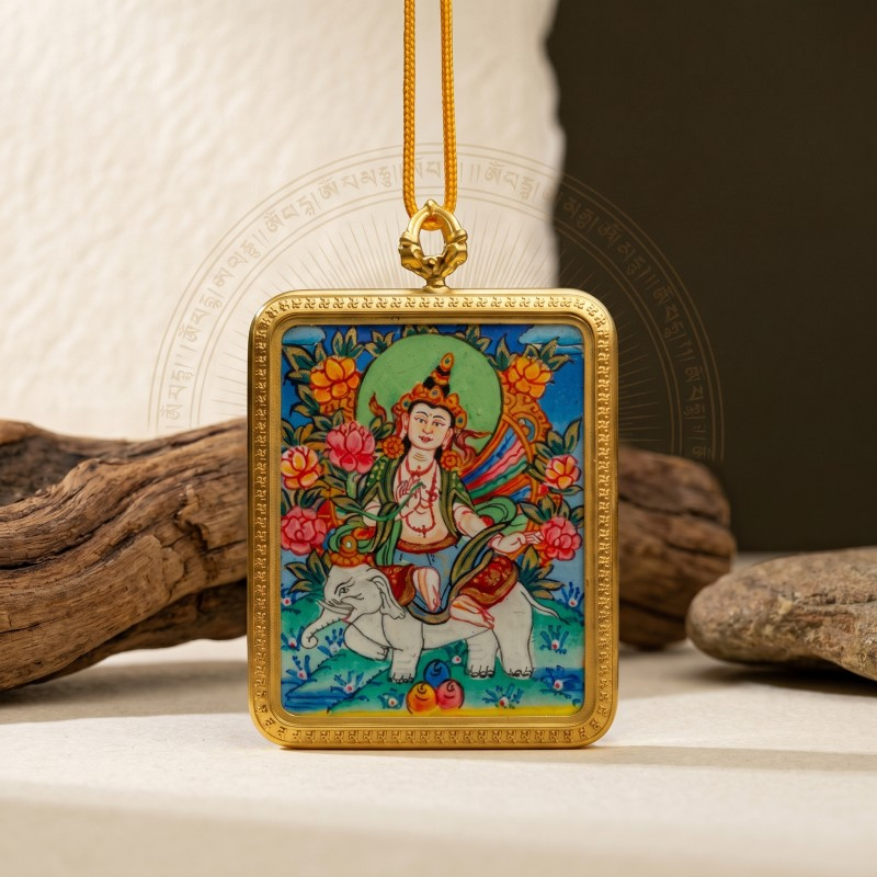Samantabhadra Bodhisattva Hand-Painted Thangka Pendant | Guardian of Kindness & Success Amulet thumbnail