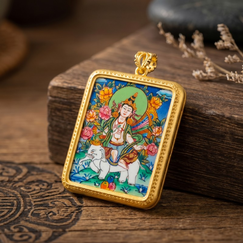 Samantabhadra Bodhisattva Hand-Painted Thangka Pendant | Guardian of Kindness & Success Amulet thumbnail