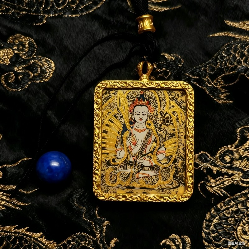 Samantabhadra Hand-Painted Thangka Pendant | Bodhisattva of Universal Virtue & Auspiciousness Amulet thumbnail
