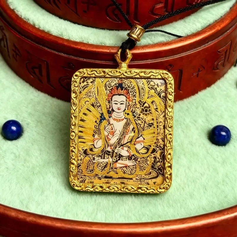 Samantabhadra Hand-Painted Thangka Pendant | Bodhisattva of Universal Virtue & Auspiciousness Amulet thumbnail