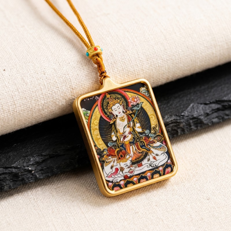 Samantabhadra (Pu Xian) Hand-Painted Thangka Pendant | Bodhisattva of Universal Virtue & Action Amulet thumbnail