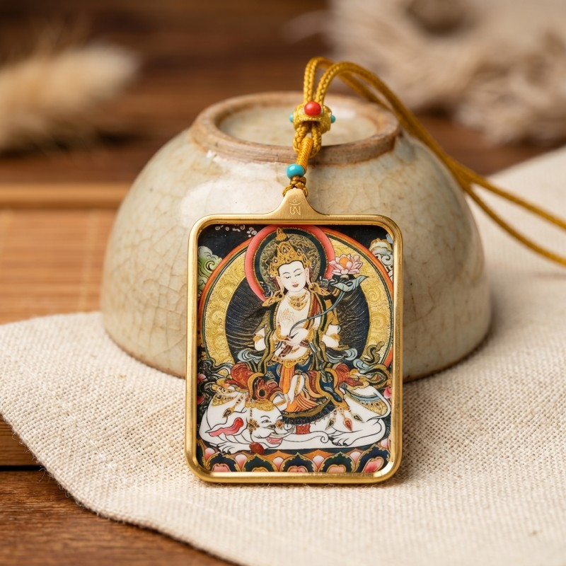 Samantabhadra (Pu Xian) Hand-Painted Thangka Pendant | Bodhisattva of Universal Virtue & Action Amulet thumbnail