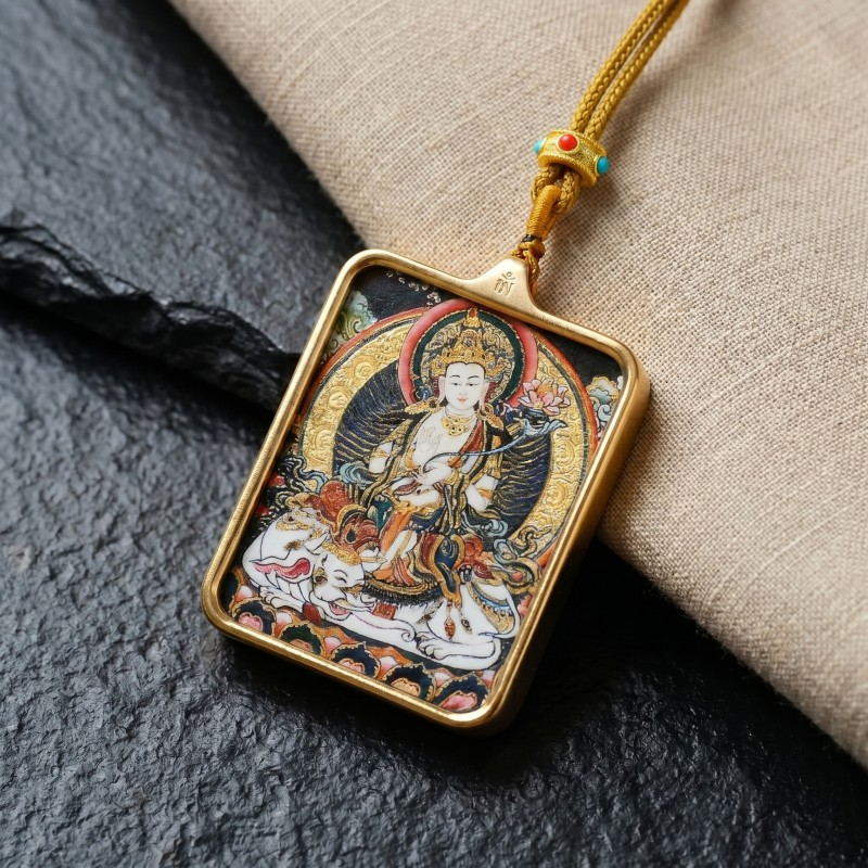 Samantabhadra (Pu Xian) Hand-Painted Thangka Pendant | Bodhisattva of Universal Virtue & Action Amulet thumbnail