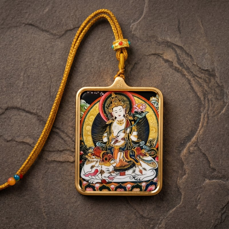 Samantabhadra (Pu Xian) Hand-Painted Thangka Pendant | Bodhisattva of Universal Virtue & Action Amulet thumbnail