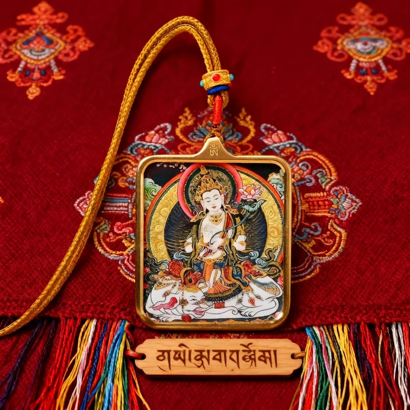 Samantabhadra (Pu Xian) Hand-Painted Thangka Pendant | Bodhisattva of Universal Virtue & Action Amulet thumbnail