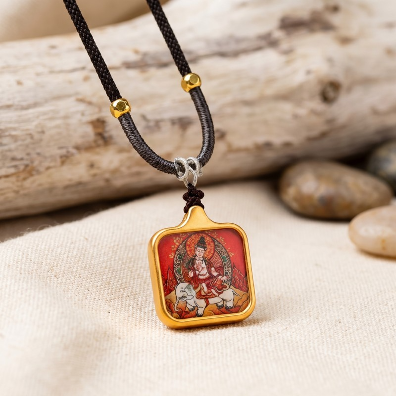 Samantabhadra (Pu Xian) Hand-Painted Thangka Pendant | Bodhisattva of Universal Virtue & Action Amulet thumbnail
