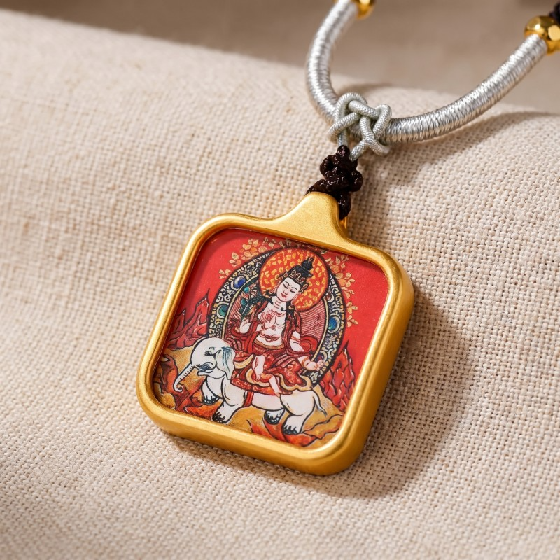 Samantabhadra (Pu Xian) Hand-Painted Thangka Pendant | Bodhisattva of Universal Virtue & Action Amulet thumbnail