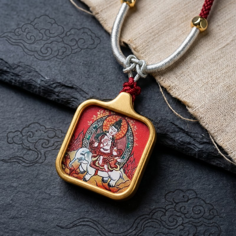 Samantabhadra (Pu Xian) Hand-Painted Thangka Pendant | Bodhisattva of Universal Virtue & Action Amulet thumbnail