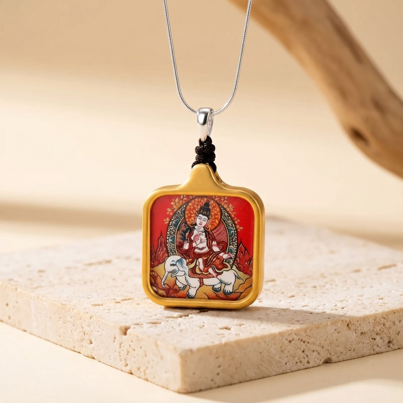 Samantabhadra (Pu Xian) Hand-Painted Thangka Pendant | Bodhisattva of Universal Virtue & Action Amulet thumbnail