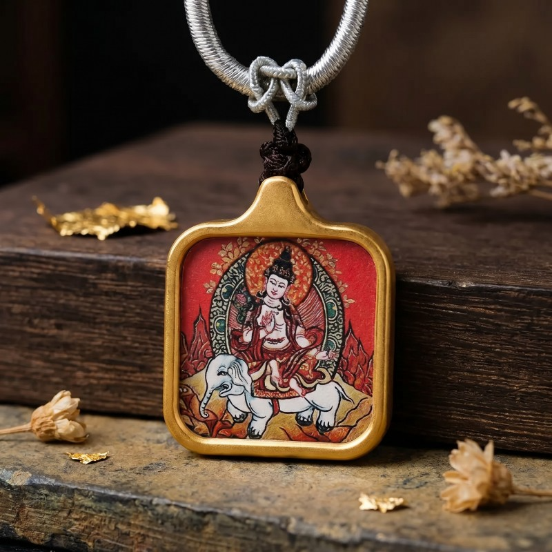 Samantabhadra (Pu Xian) Hand-Painted Thangka Pendant | Bodhisattva of Universal Virtue & Action Amulet thumbnail