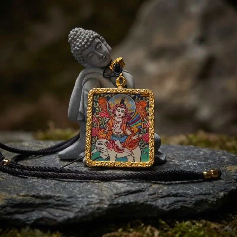 Samantabhadra (Puxian) Bodhisattva Hand-Painted Thangka Pendant | Amulet for Virtue & Spiritual Growth thumbnail