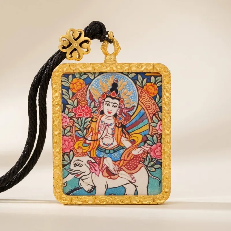 Samantabhadra (Puxian) Bodhisattva Hand-Painted Thangka Pendant | Amulet for Virtue & Spiritual Growth thumbnail