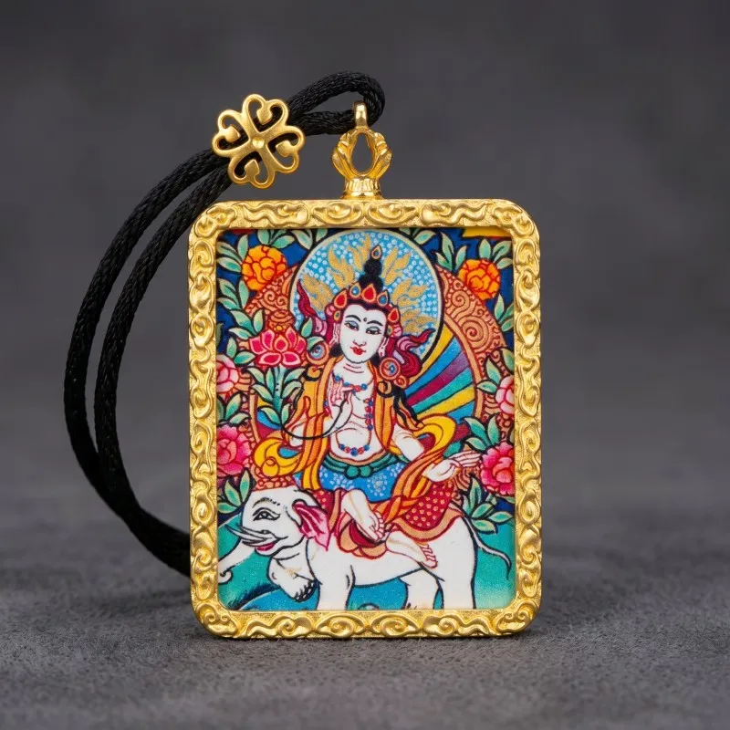Samantabhadra (Puxian) Bodhisattva Hand-Painted Thangka Pendant | Amulet for Virtue & Spiritual Growth thumbnail