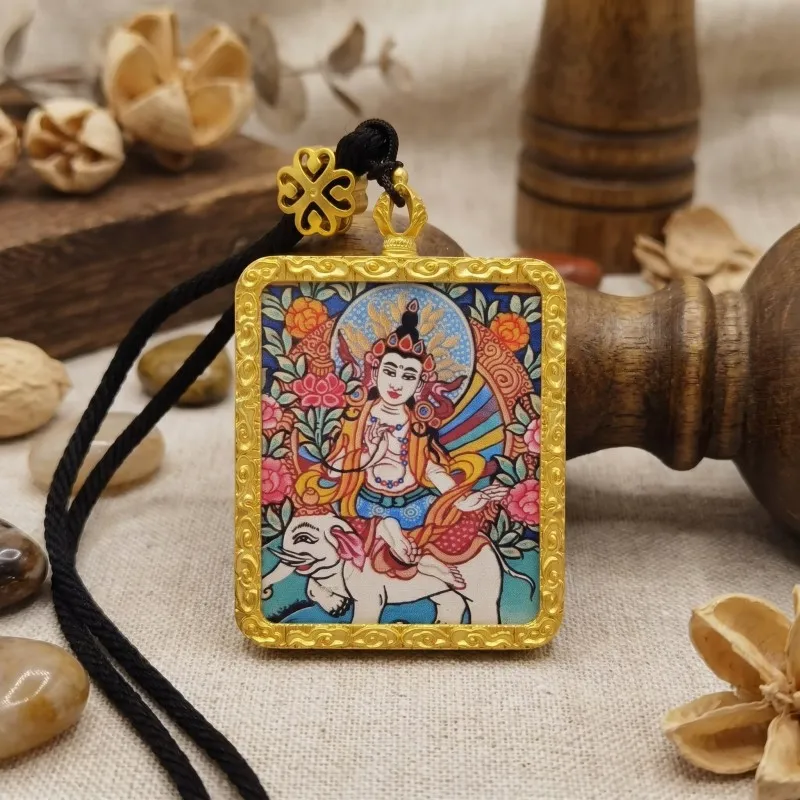 Samantabhadra (Puxian) Bodhisattva Hand-Painted Thangka Pendant | Amulet for Virtue & Spiritual Growth thumbnail