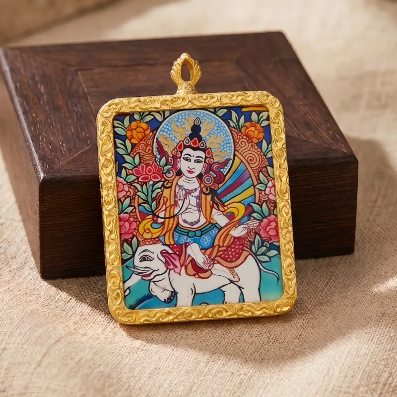 Samantabhadra (Puxian) Bodhisattva Hand-Painted Thangka Pendant | Amulet for Virtue & Spiritual Growth thumbnail