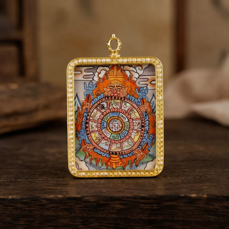 Samsara Wheel (Bhavachakra) Hand-Painted Thangka Pendant | Amulet for Karmic Awareness & Protection thumbnail